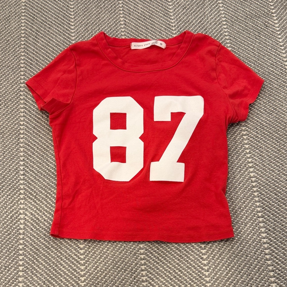 Altar'd State Bold Red Tee with White '87' Graphic